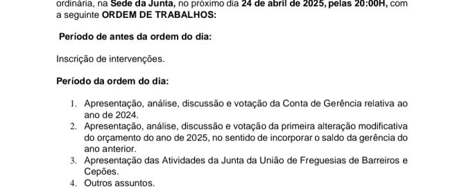 Edital Convocatória Assembleia Geral de Freguesia abril 2025 - Junta de Freguesia de Barreiros de Cepões