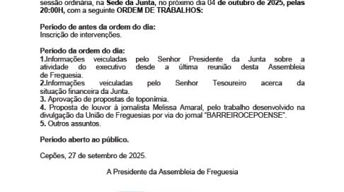 2ª Convocatória para a Assembleia de Freguesia – 04-10-2025