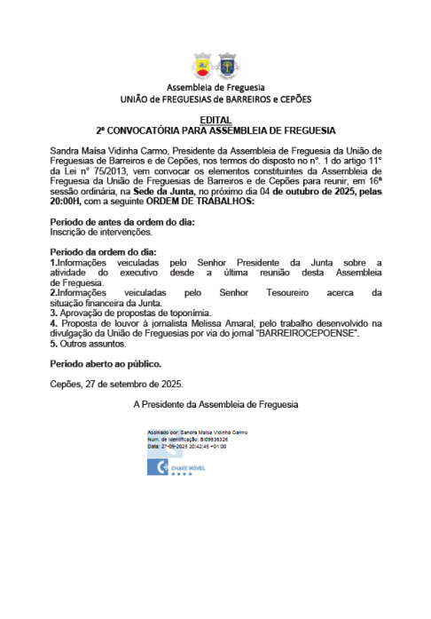 2ª Convocatória para a Assembleia de Freguesia – 04-10-2025