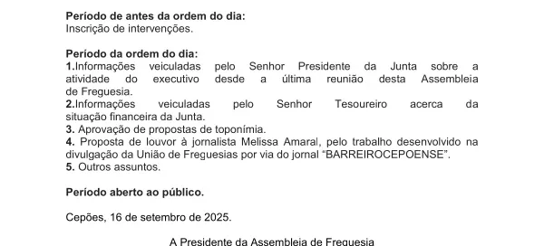 Convocatória Assembleia de Freguesia - 27-09-2025
