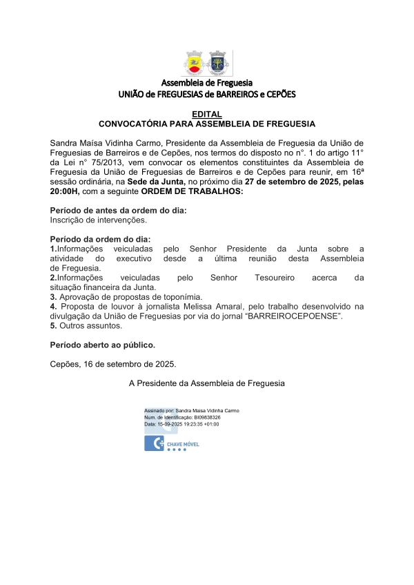 Edital Convocatória para a Assembleia de Freguesia – 27-09-2025