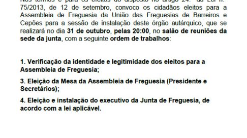 Convocatória para a Assembleia de Freguesia – Instalação de Órgãos