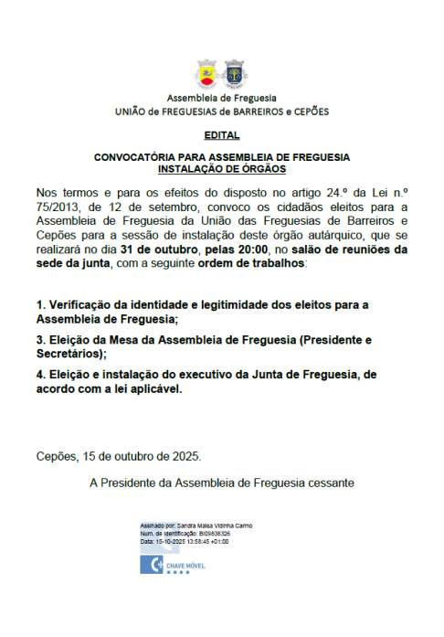 Convocatória para a Assembleia de Freguesia – Instalação de Órgãos Convocatória para a Assembleia de Freguesia – Instalação de Órgãos – 31-10-2025